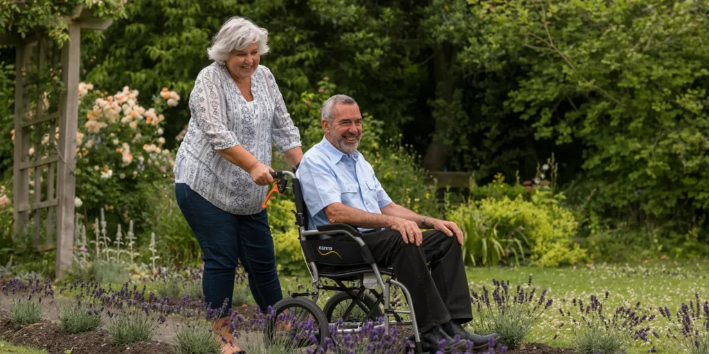 Lady wheeling man around a garden in an attendant wheelchair
